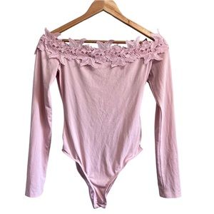 Primark Light Pink Floral Lace Top Off The Shoulder Long Sleeve Body Suit Size 4